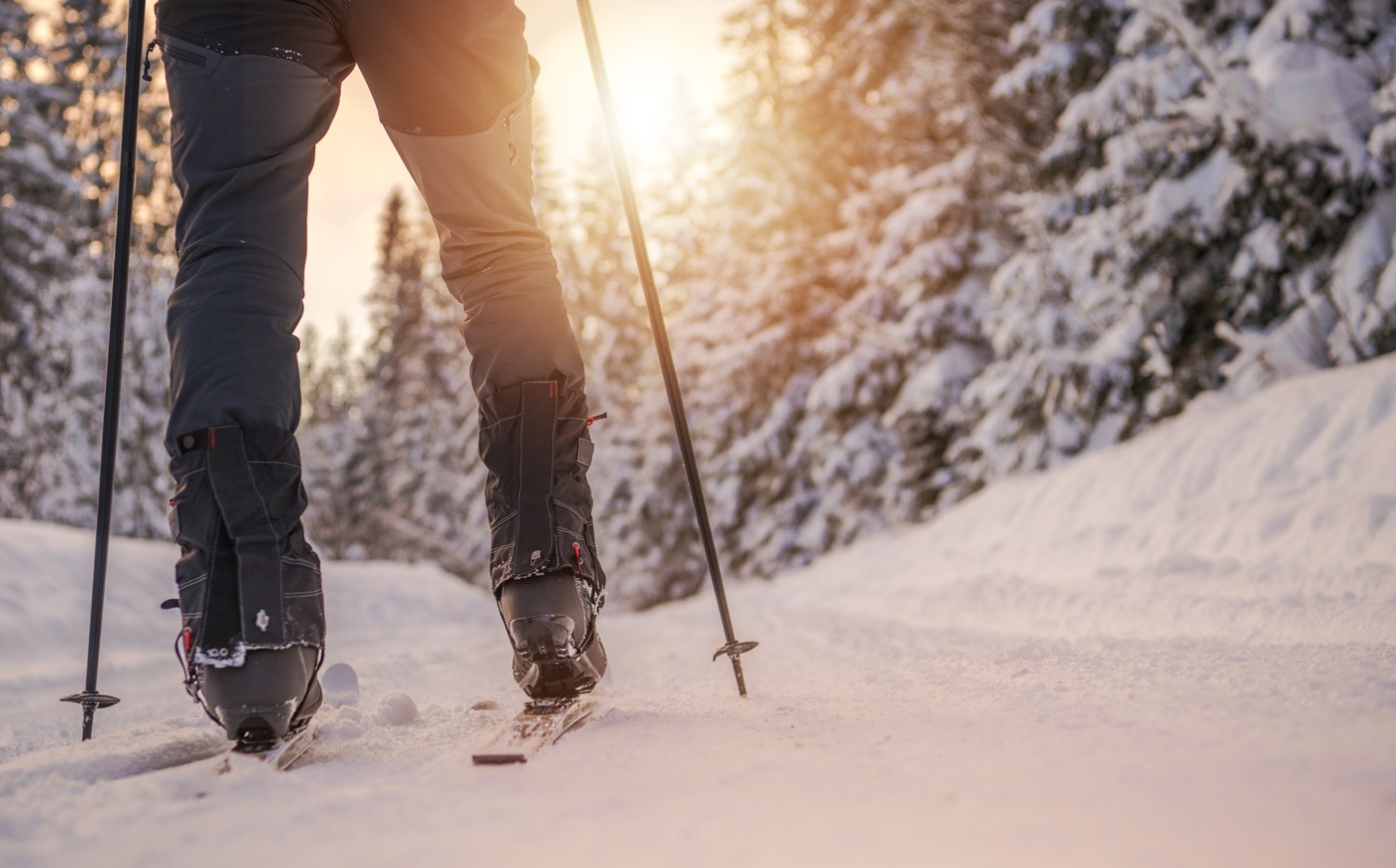 vue des jambes d'un skieur faisant du ski de fond dans un sentier boisé